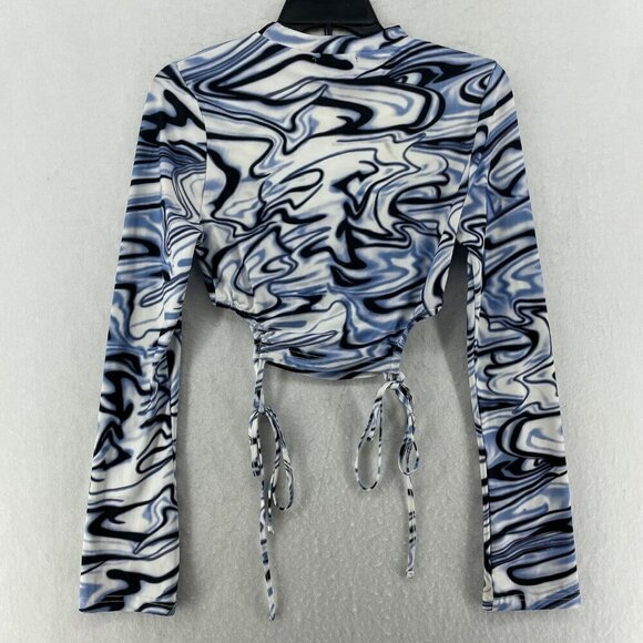 SheIn T Shirt Womens 4 Blue White Marble Print Tee Cut Out Round Neck Tie Side - Picture 2 of 12